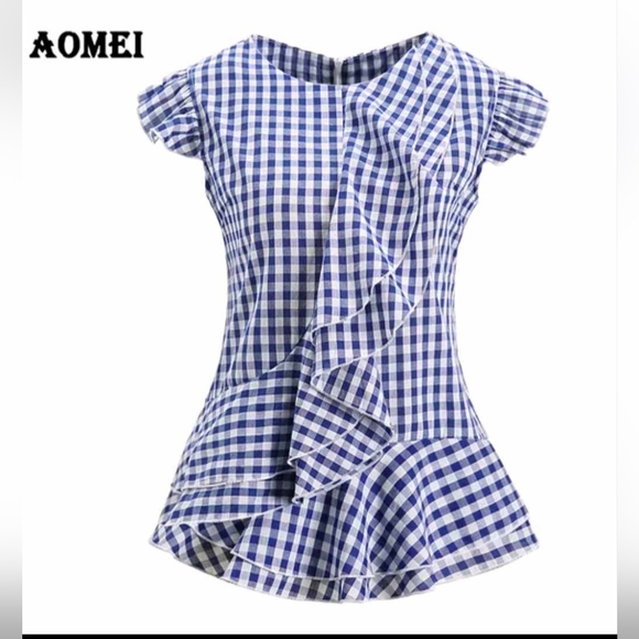 🆕Aomei Women's Top Sleeveless Blue Plaid Blouse Vintage Ruffle Trim Sz XL NWOT - Picture 1 of 9